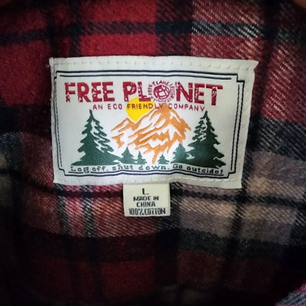 Free Planet Flannel Shirt Jacket with Hood Red Plaid 100% Cotton Mens Size Large